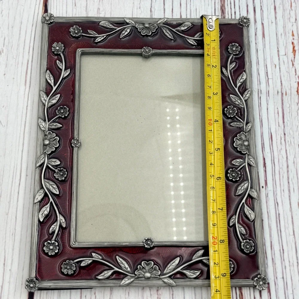 Vintage Style Red Enamel Floral Metal Picture Frame 5x7 Heavy Pewter Tone Ornate